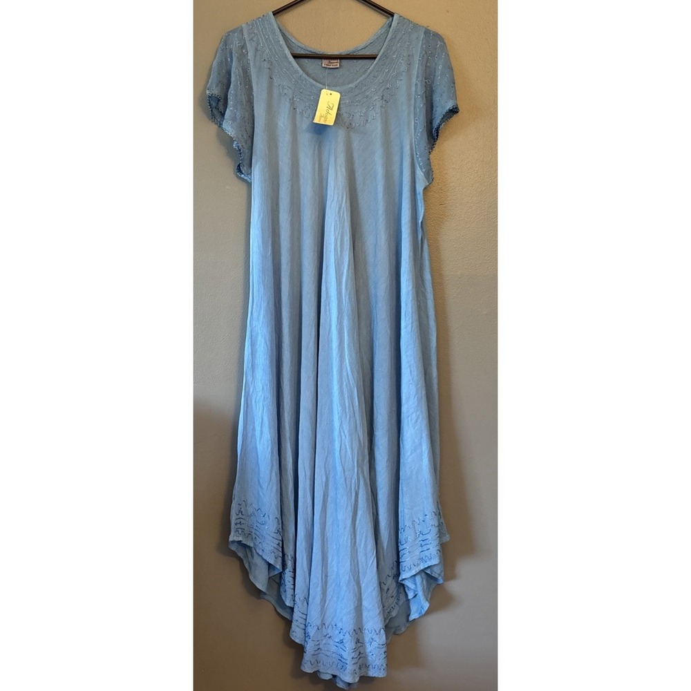 Advance Apparels Maxi Dress Womens OS Blue Embroidered Relaxed Asymmetrical Hem